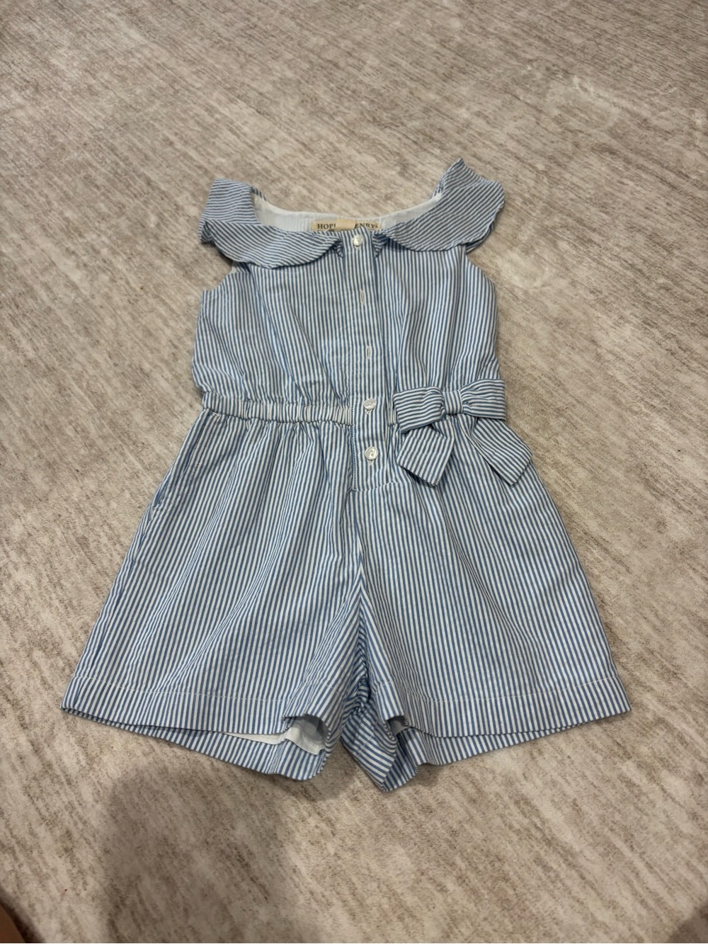 Striped Blue Girls' Romper with Waist Bow - Classic Summer Style
